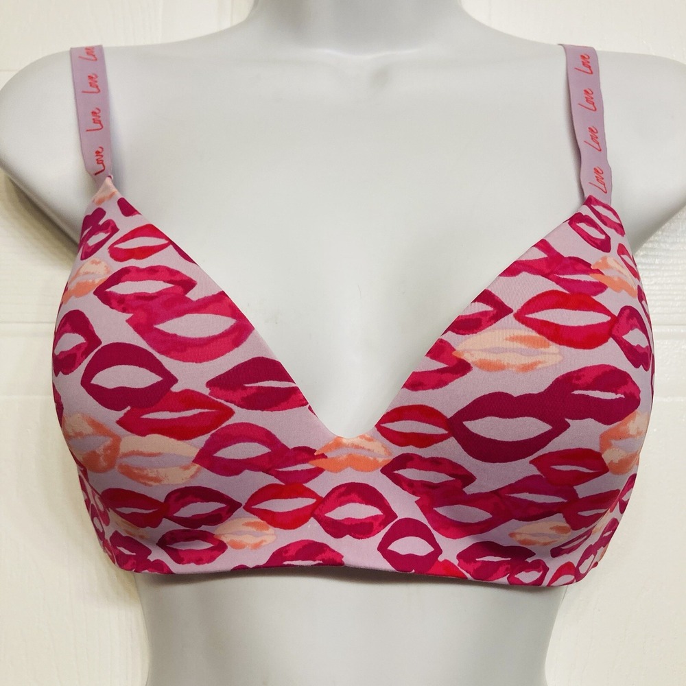 Victoria's Secret Wireless Bra Women 34C Purple Red Lip Print Love Strap T-Shirt